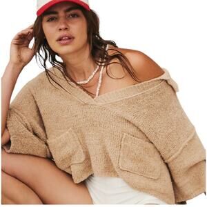 Free People Beach Women's Top SZ S Audra Tan Terry Oversized V Neck Collar Boho
